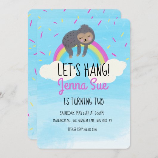 Invitation Couleur d'eau douce Sloth Arc-en-ciel fête d'anniv (Devant / Derrière)