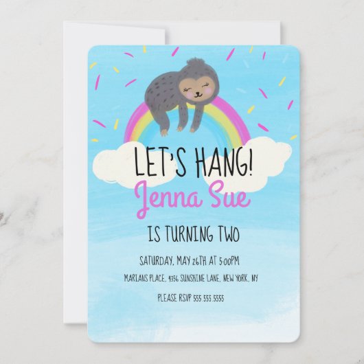 Invitation Couleur d'eau douce Sloth Arc-en-ciel fête d'anniv (Devant)