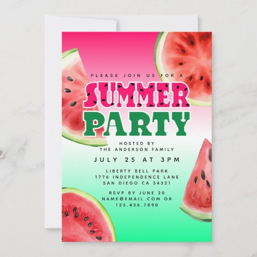 Invitation Couleur d'eau douce Watermelon fête d'été (Devant)