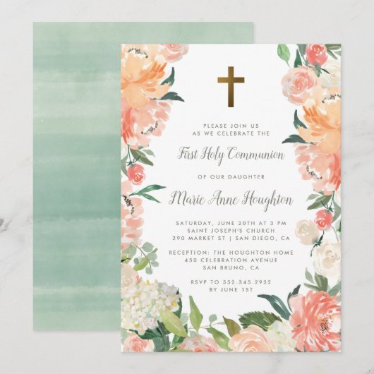 Invitation Couleur d'eau et cadre floral Première communion s (Devant / Derrière)