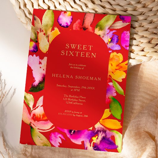 Invitation Couleur d'eau fleurie de chute d'or Sweet 16