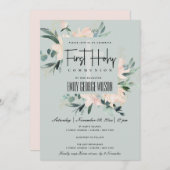 INVITATION COULEUR D'EAU FLORALE BLEU GRAY PREMIÈRE COMMUNION (Devant / Derrière)