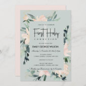 INVITATION COULEUR D'EAU FLORALE BLEU GRAY PREMIÈRE COMMUNION (Devant / Derrière)