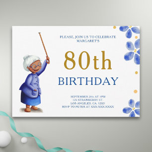 Invitation Couleur d'eau gris noir mignonne 80e anniversaire