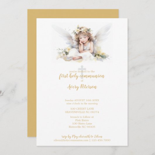 Invitation Couleur d'eau mignonne Croix d'ange Première commu (Devant / Derrière)