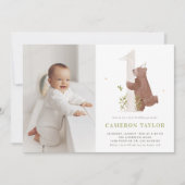 Invitation Couleur d'eau mignonne Ours bois photo Premier ann (Devant)