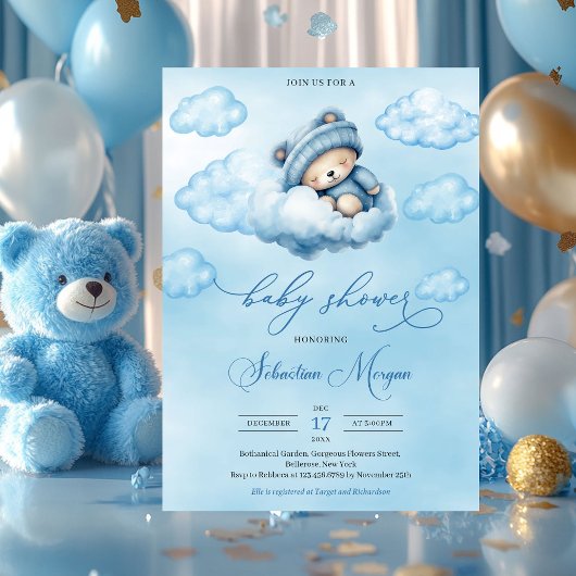Invitation Couleur d'eau mignonne ours en peluche dormant sur