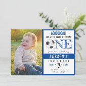 Invitation Couleur d'eau mignonne Soccer Photo 1er anniversai (Debout devant)