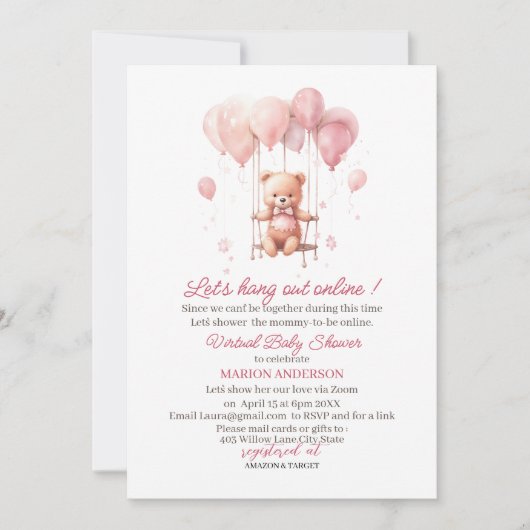 Invitation Couleur d'eau rose Bearly Wait Baby shower virtuel (Devant)