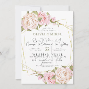 INVITATION COULEUR D'EAU ROSE BLEU FLORALE ET MARIAGE D'OR FR