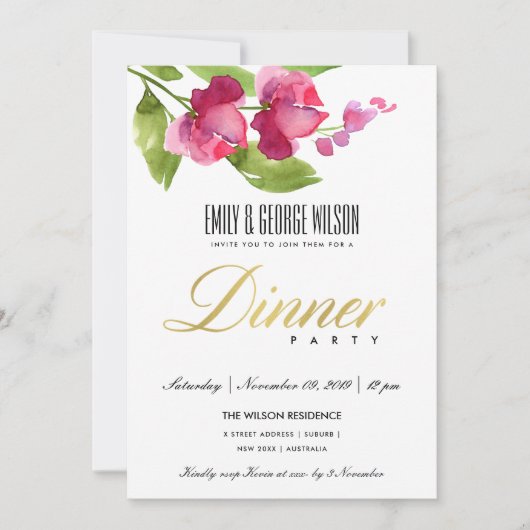 INVITATION COULEUR D'EAU ROSE CLAIR COULEUR FLORALE DÎNER PAR (Devant)