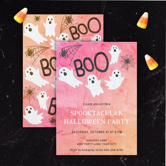 INVITATION COULEUR D'EAU ROSE ET ORANGE GHOST HALLOWEEN PARTY