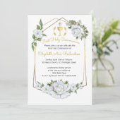 Invitation Couleur d'eau Roses blanches Communes géométriques (Debout devant)