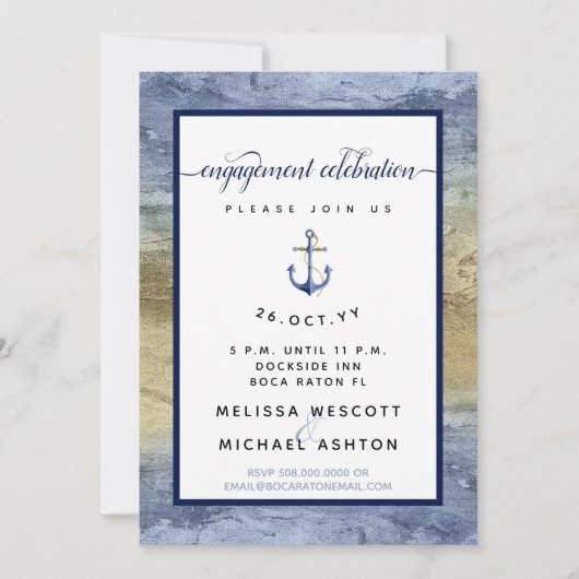 Invitation Couleur d'or bleu de la partie d'engagement #Nauti (Devant)