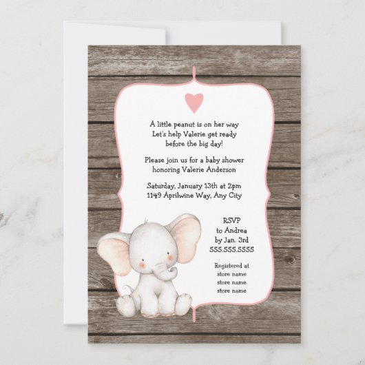Invitation COULEUR ÉDITABLE Baby shower rustique des éléphant (Devant)