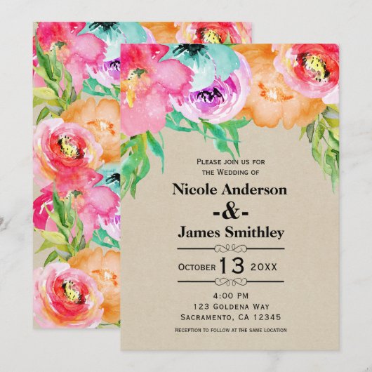 Invitation Couleur Florale Kraft Moderne Rustique Vive Audaci (Devant / Derrière)