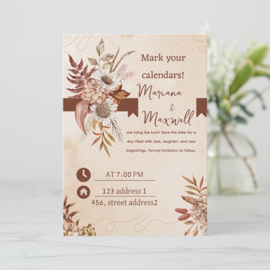 Invitation Couleur Marron Floral (Debout devant)