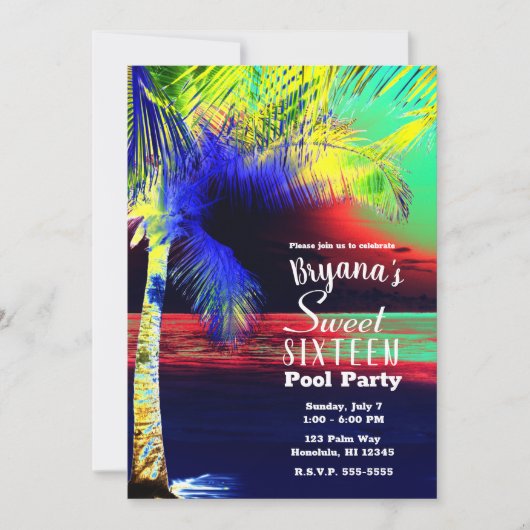 Invitation Couleur Néon Tropical Plage Palmier Sweet 16 (Devant)
