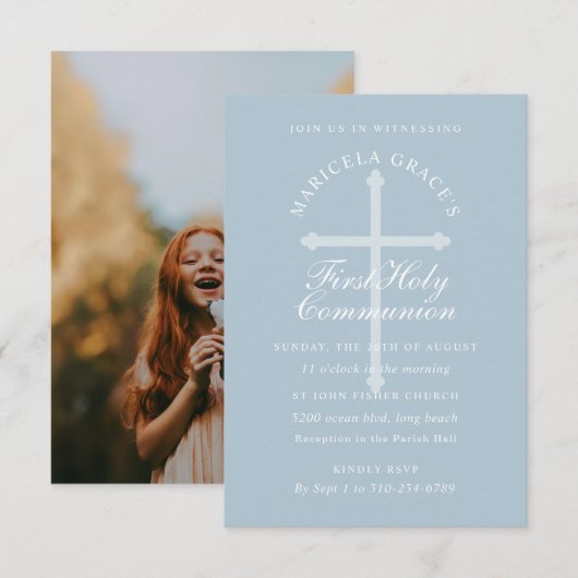 Invitation Couleur personnalisée Croix Bleue Bleue Première c (Devant / Derrière)
