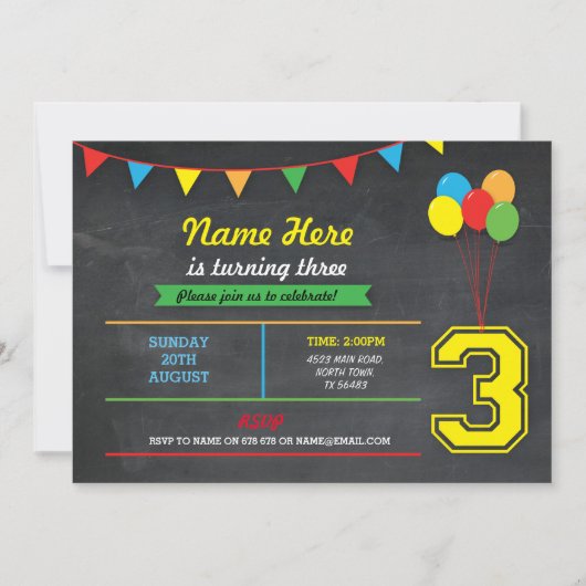 Invitation Couleur primaire Filles d'anniversaire Garçons 3e (Devant)