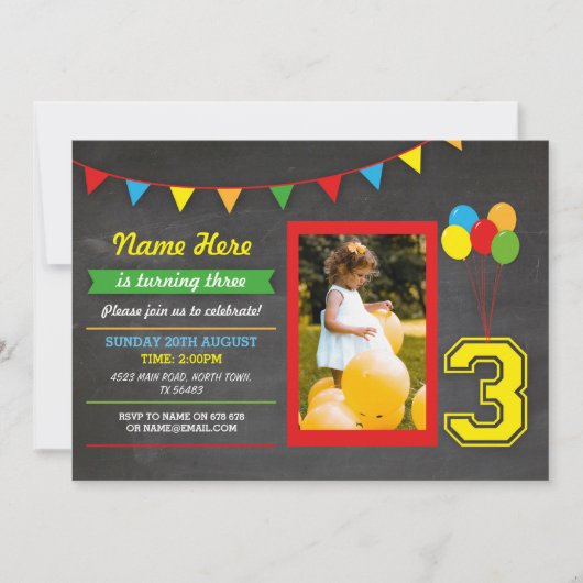 Invitation Couleur primaire Filles d'anniversaire garçons 3èm (Devant)