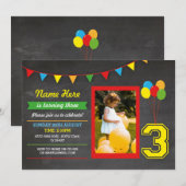 Invitation Couleur primaire Filles d'anniversaire garçons 3èm (Devant / Derrière)