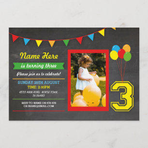 Invitation Couleur primaire Filles d'anniversaire Garçons 3èm