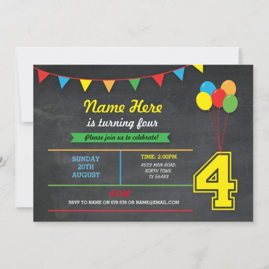 Invitation Couleur primaire Filles d'anniversaire garçons 4e  (Devant)