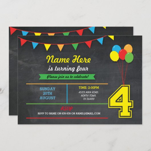 Invitation Couleur primaire Filles d'anniversaire garçons 4e  (Devant / Derrière)