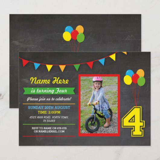 Invitation Couleur primaire Filles d'anniversaire Garçons Qua (Devant / Derrière)