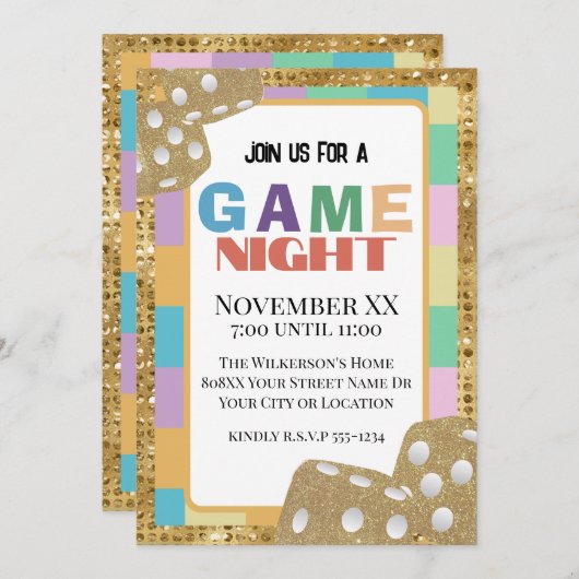 Invitation Couleur Retro Board Jeu Night Gold Dice (Devant / Derrière)