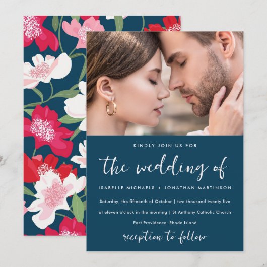 Invitation Couleur Rouge Floral Motif Photo Mariage Bleu (Devant / Derrière)