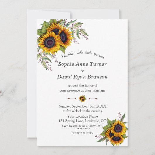 Invitation Couleur rustique tournesol coins Mariage (Devant)