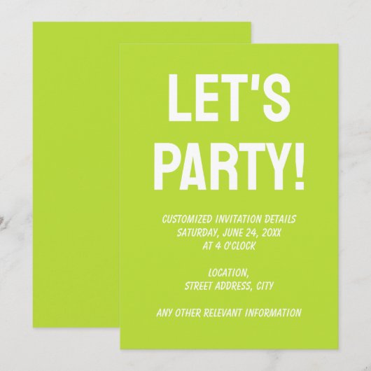 Invitation Couleur unie simple vert lime acide brillant (Devant / Derrière)