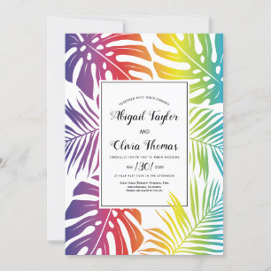 Invitation Couleurs arc-en-ciel motif de feuilles mariage gay