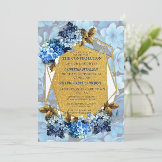 Invitation Couleurs d'aquarelle bleu Hydrangeas Confirmation (Debout devant)