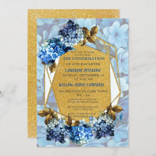 Invitation Couleurs d'aquarelle bleu Hydrangeas Confirmation (Devant / Derrière)