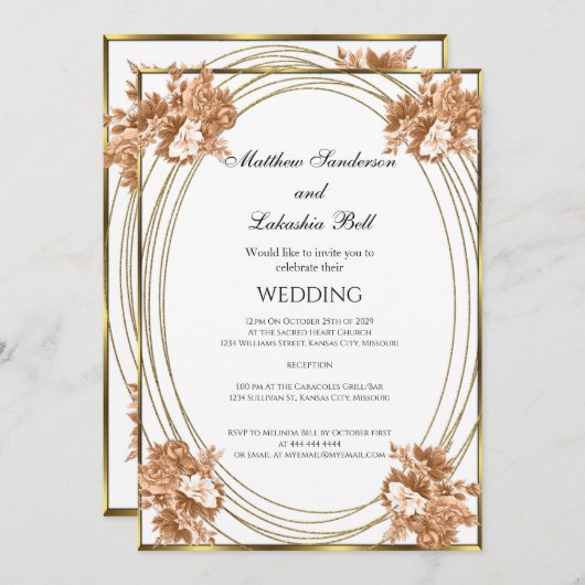 Invitation Couleurs d'automne blanc mariage Fleurs d'or (Devant / Derrière)