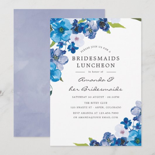Invitation Couleurs de Blue Floral Bridesmaids déjeuner (Devant / Derrière)