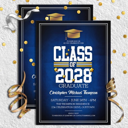 Invitation Couleurs de l'école bleu|Gold Graduation Party