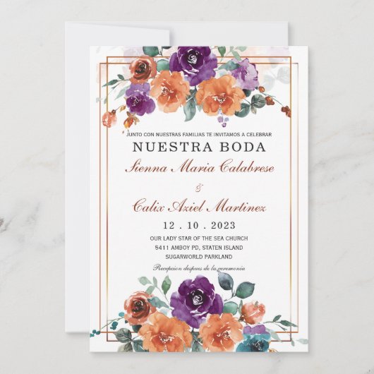 Invitation Couleurs de mariage violet et orange brûlé (Devant)