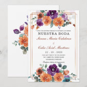 Invitation Couleurs de mariage violet et orange brûlé (Devant / Derrière)