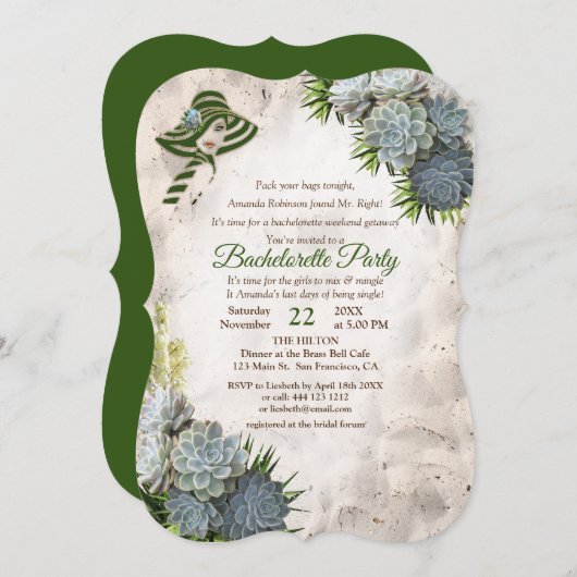 Invitation Couleurs de plage Vert & Succulent Bachelorette Pa (Devant / Derrière)