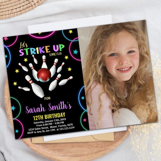 Invitation Couleurs noires Rainbow Photo Bowling Anniversaire