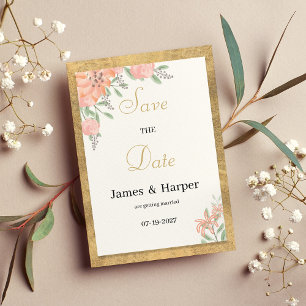 Invitation Couleurs pastel or aquarelle florale Save the Date