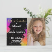 Invitation Couleurs Roses Noir Peint Anniversaire Avec Photo (Debout devant)