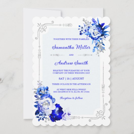 Invitation Couleurs Royal Blue Silver et White Mariage (Devant)
