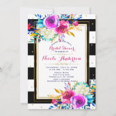 Invitation Couleurs Vives Florales Noires et Rayures Blanches (Devant)