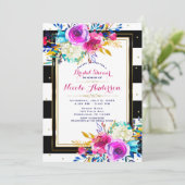 Invitation Couleurs Vives Florales Noires et Rayures Blanches (Debout devant)