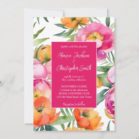 Invitation Couleurs vives rose orange pivoines élégant mariag (Devant)